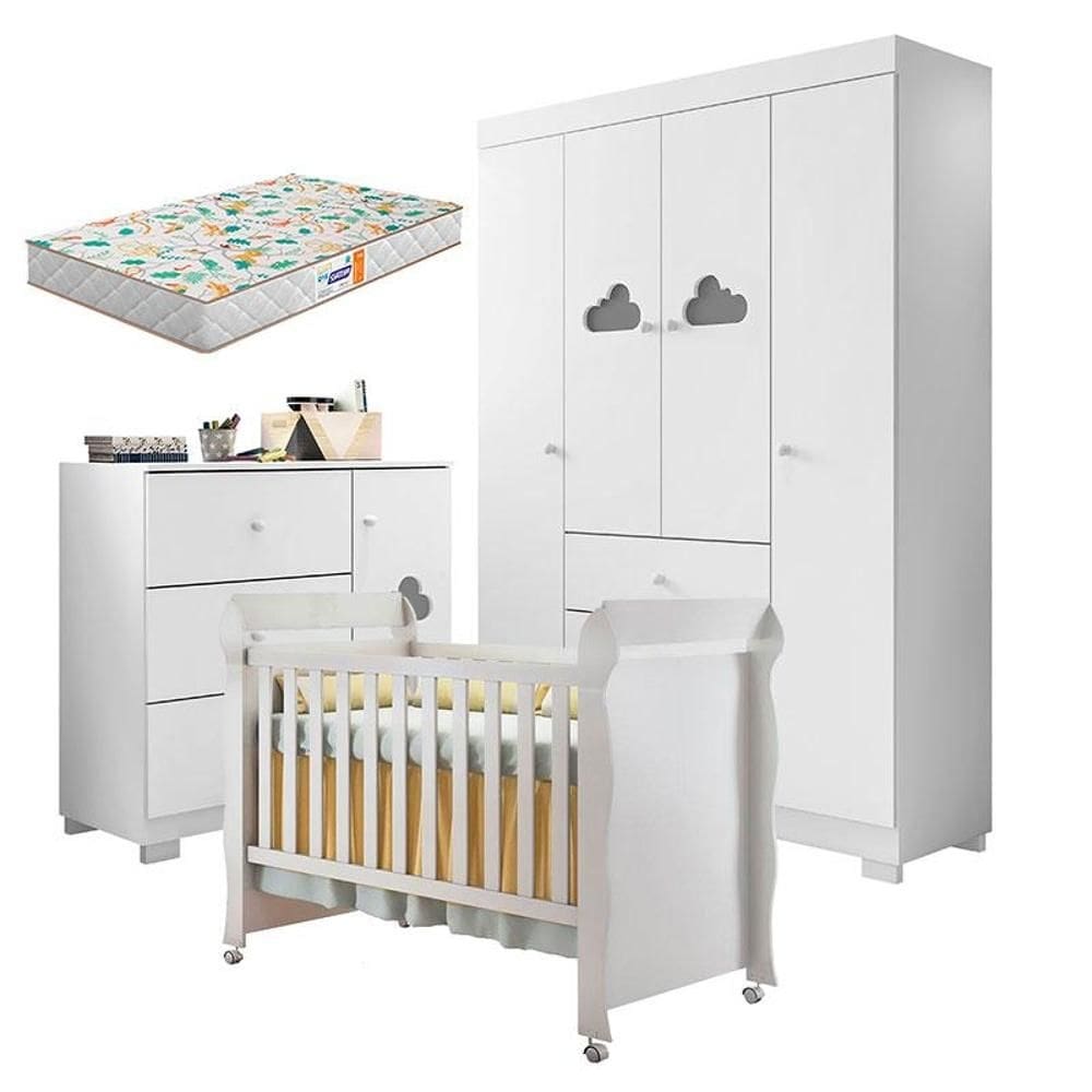Quarto de Bebê Ane com Berço Americano Mirelle Branco Brilho e Colchão Gazin – Phoenix Baby