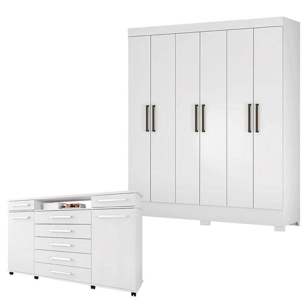 Cômoda London e Guarda Roupa Casal Verso Branco - Demóbile