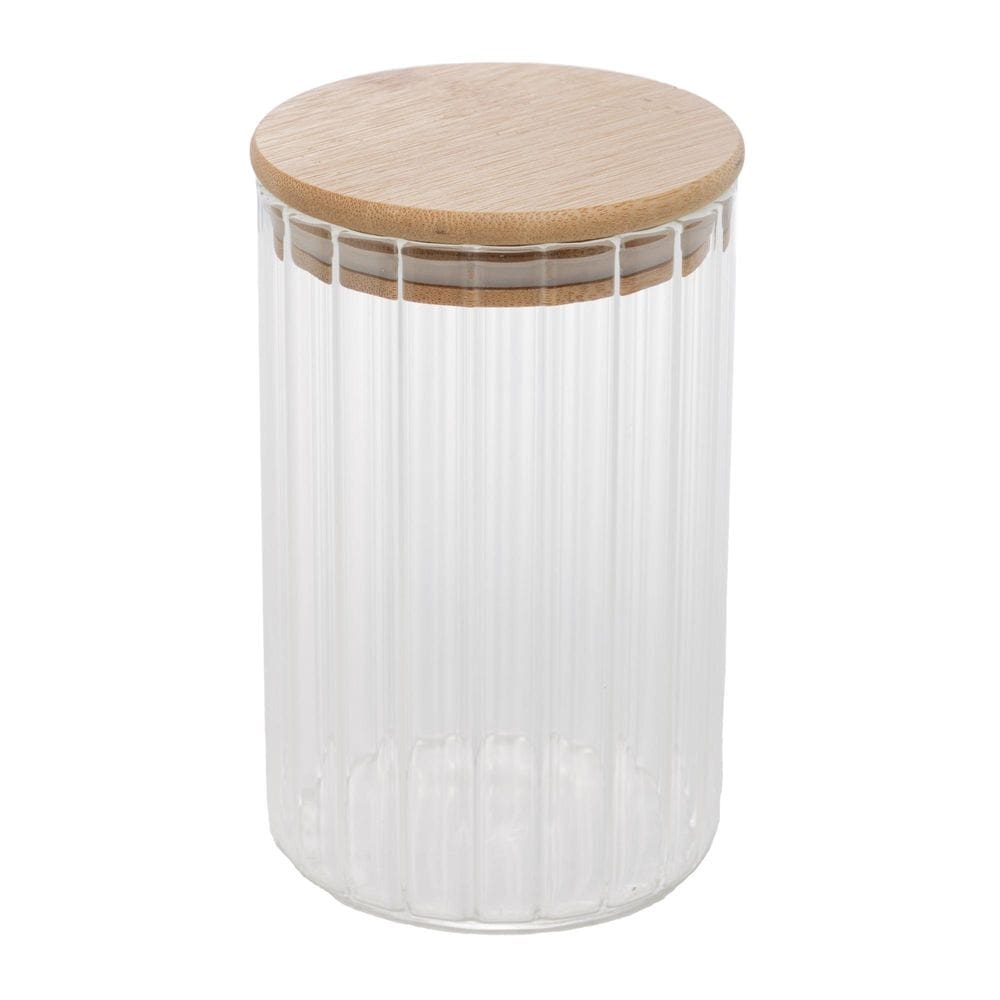 Pote mantimentos de vidro canelado com tampa de bambu 510ml