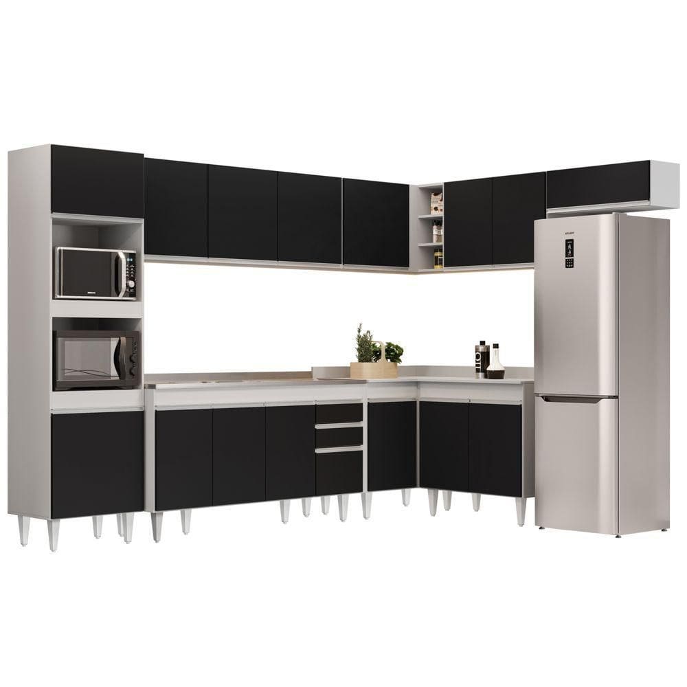 Armário De Cozinha Modulada De Canto 8 Peças Cp09 Balcão Com Pia Inox Branco/preto - Lumil