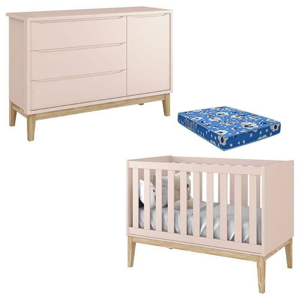 Berço Americano com Colchão e Cômoda Classic Rosa Pés Madeira Natural – Reller