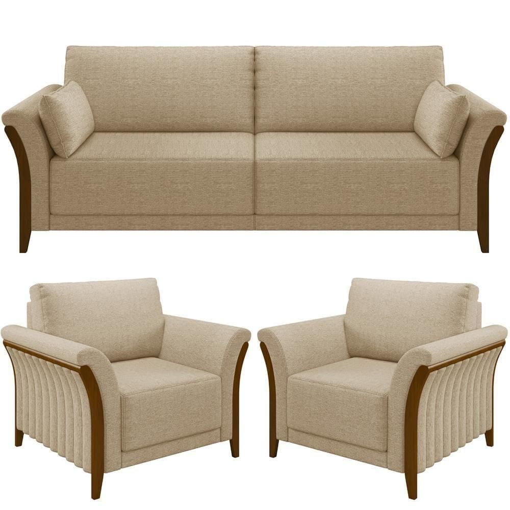 Kit Sofá 03 Lugares 222Cm Com 02 Poltronas M03 Bege Escuro