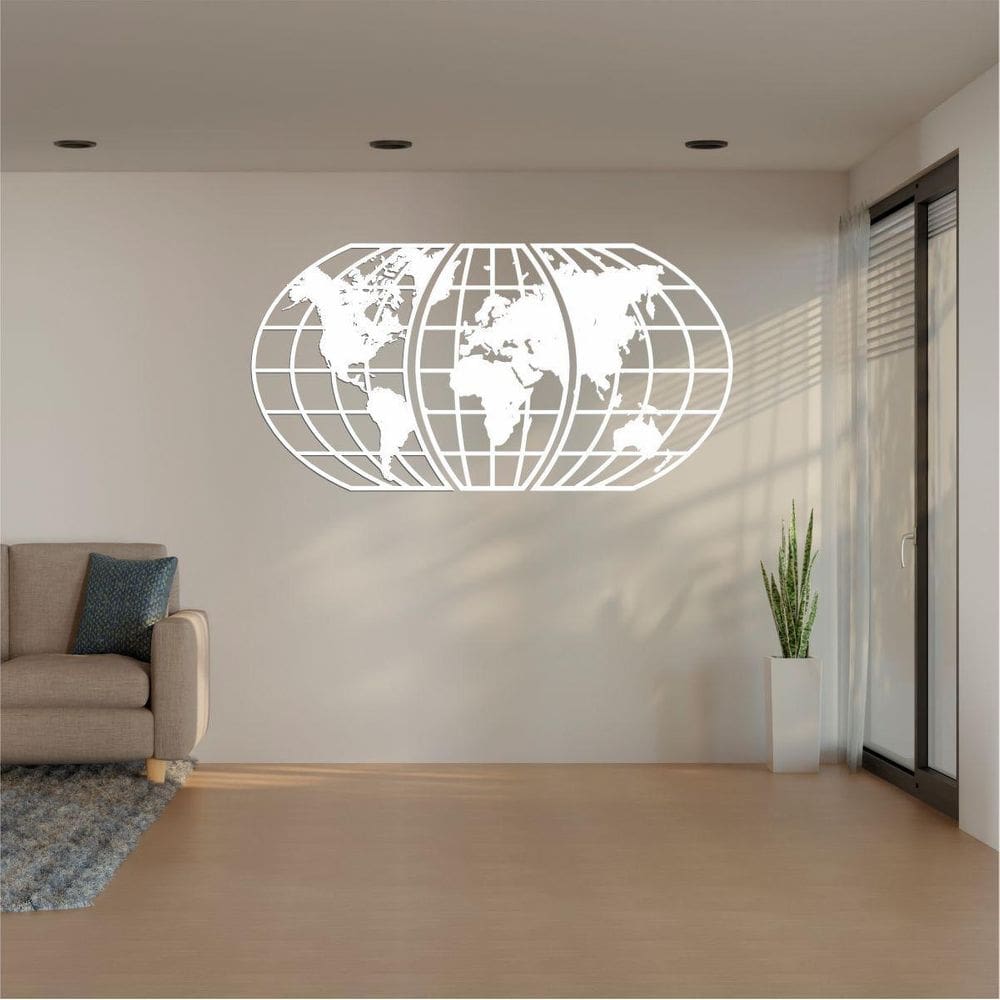 Quadro Decoração Vazado Mapa Mundi World Triplo Branco 70X37