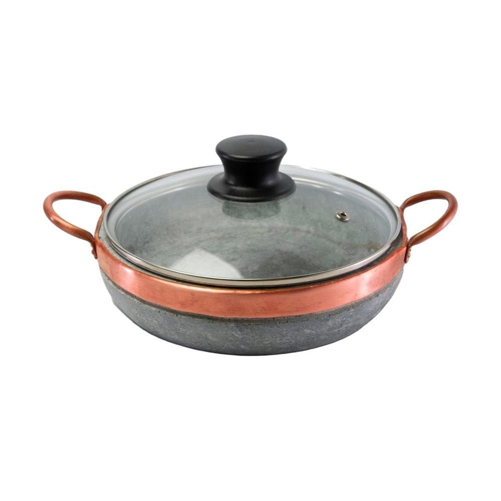 Paella Pedra Sabão Alça de Cobre com Tampa de Vidro P 20x5cm