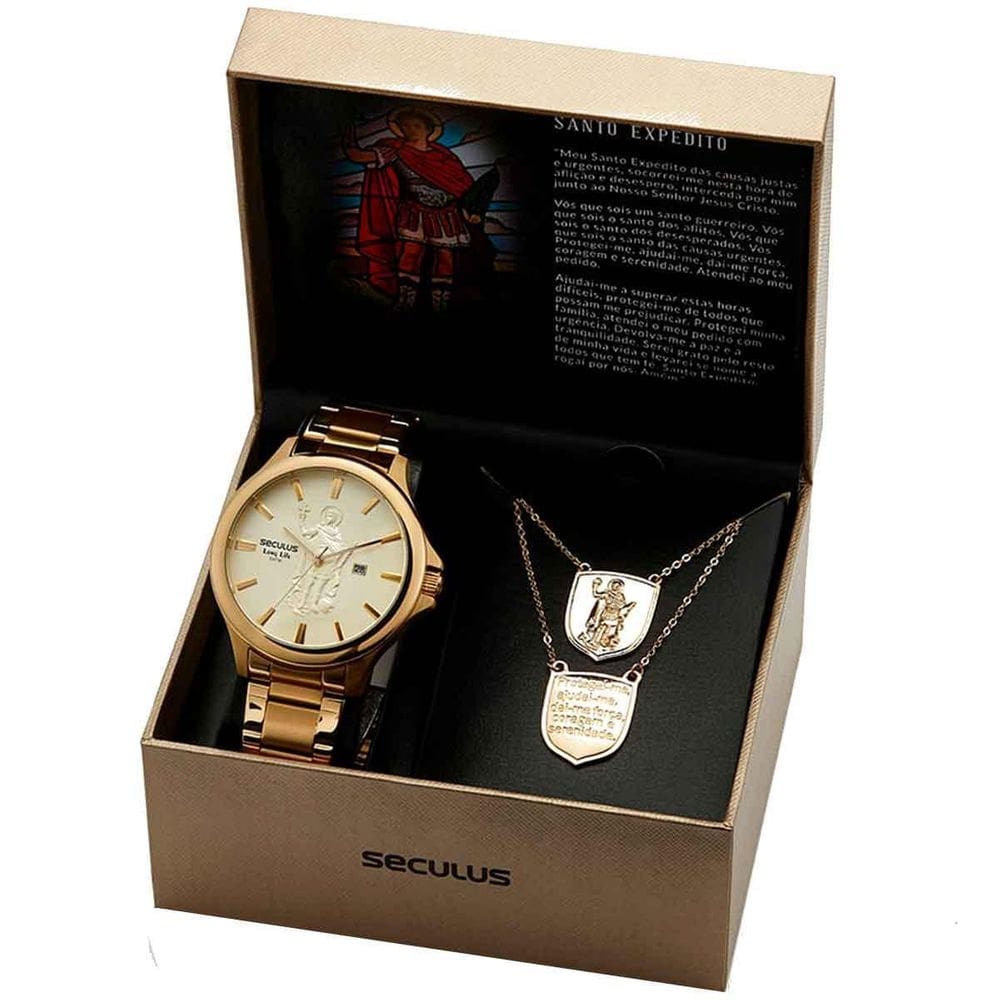 Kit relógio masculino seculus com colar santo expedito