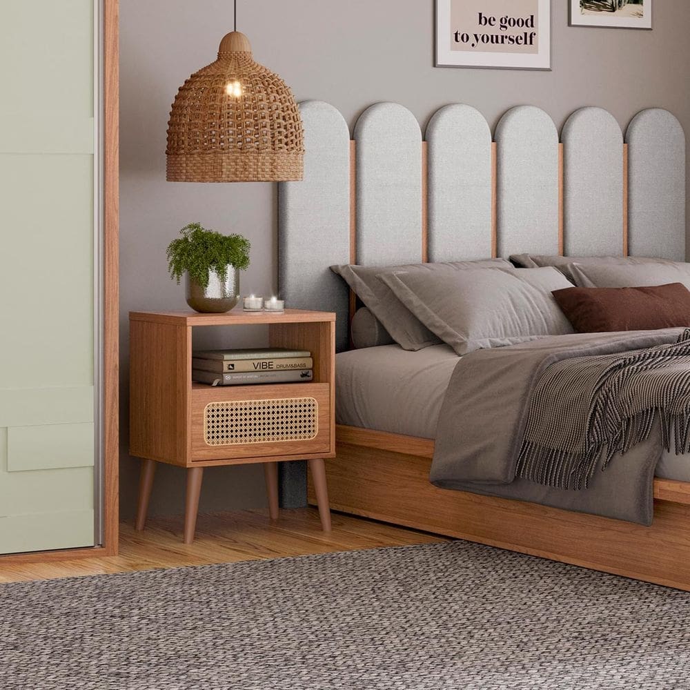 Mesa de Cabeceira Palha Natural com 1 Gaveta Tela 100% MDF Freijó Dalla Costa
