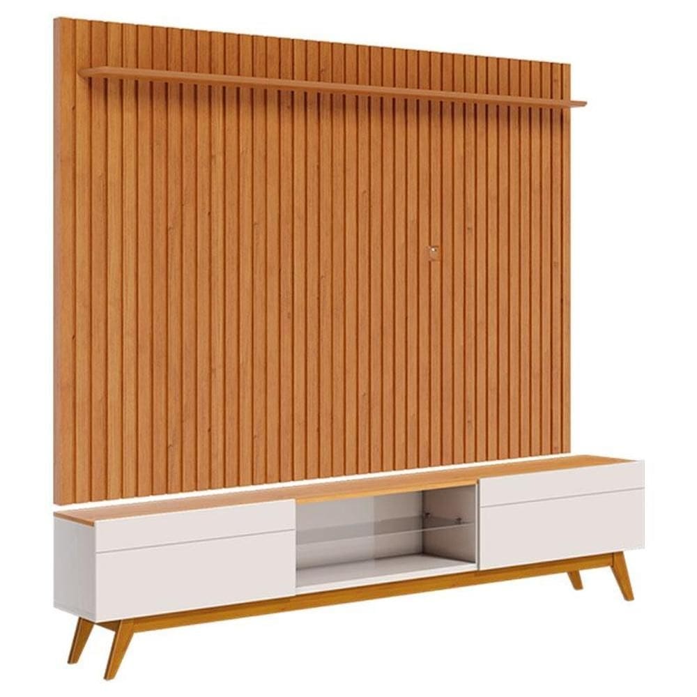 Rack Bancada Classic 2 Gavetas com Painel para TV Suspenso Ripado Loft 2.2 Off White Nature - Imcal