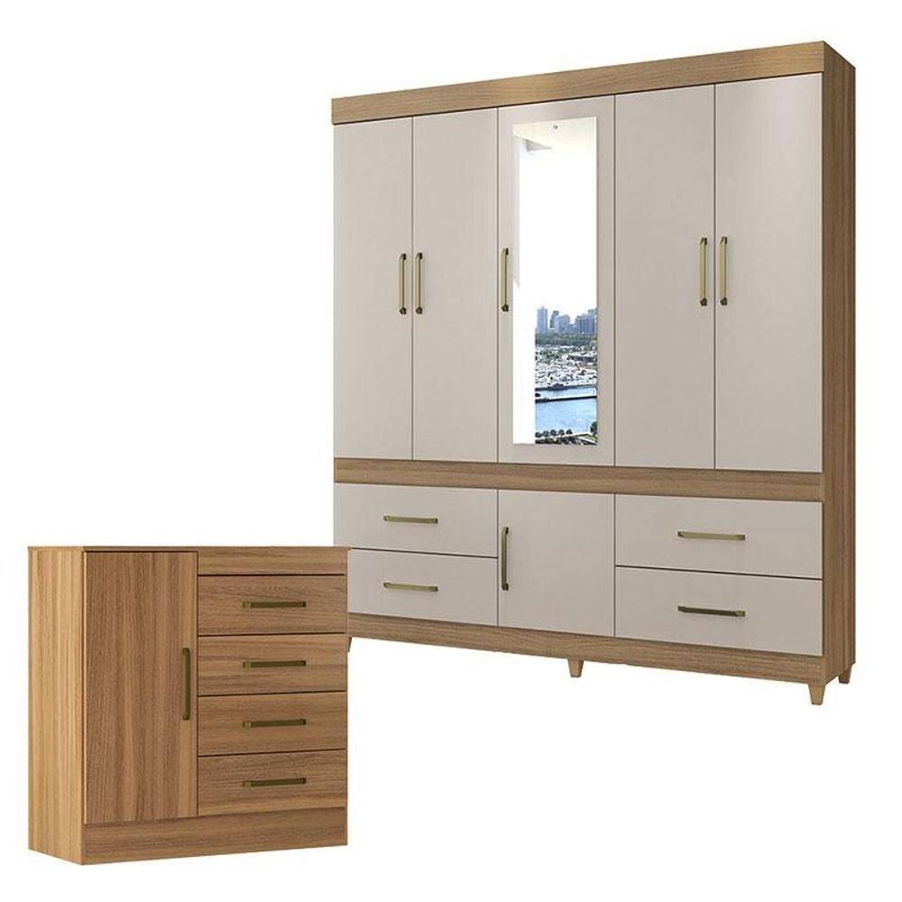 Cômoda Montevidéu e Guarda Roupa Casal Guarujá Amêndola Off White - Demóbile