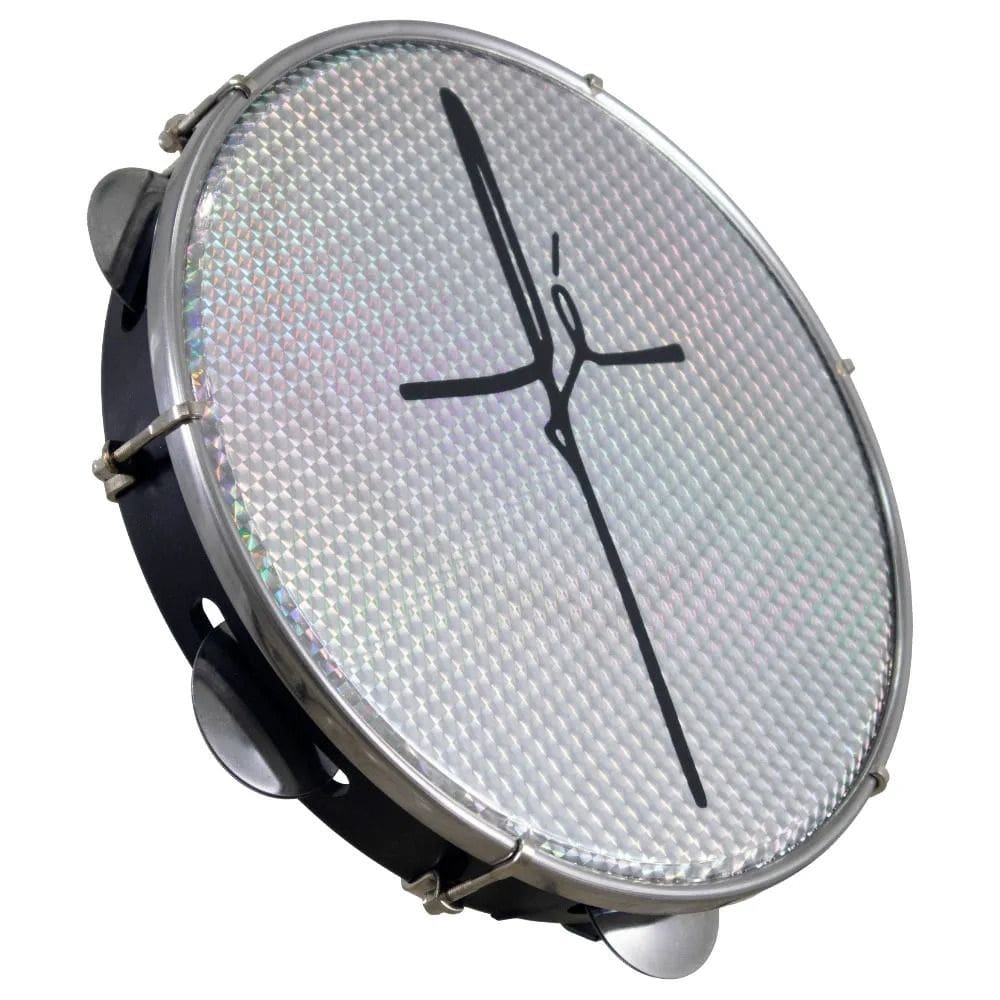 Pandeiro 10 Abs Preto Aro Plat Inox Pele Holog Fé Prata 06 Afin Sples