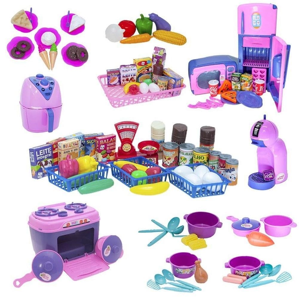 Super kit cozinha infantil eletro mercado comida fogão 108pç