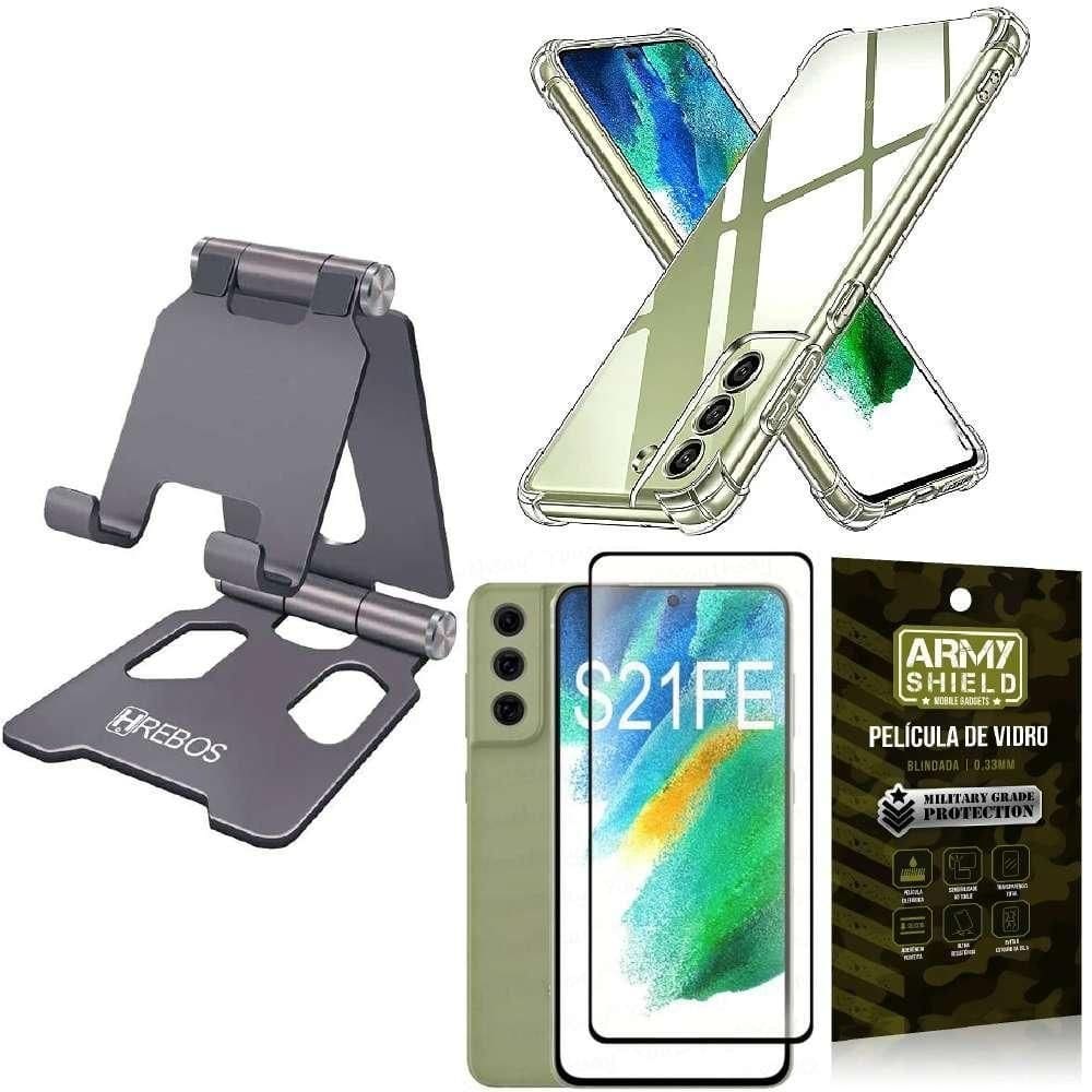 Suporte mesa 360 hrebos cinza + capinha antishock + película vidro 3d - kit suporte smartphone