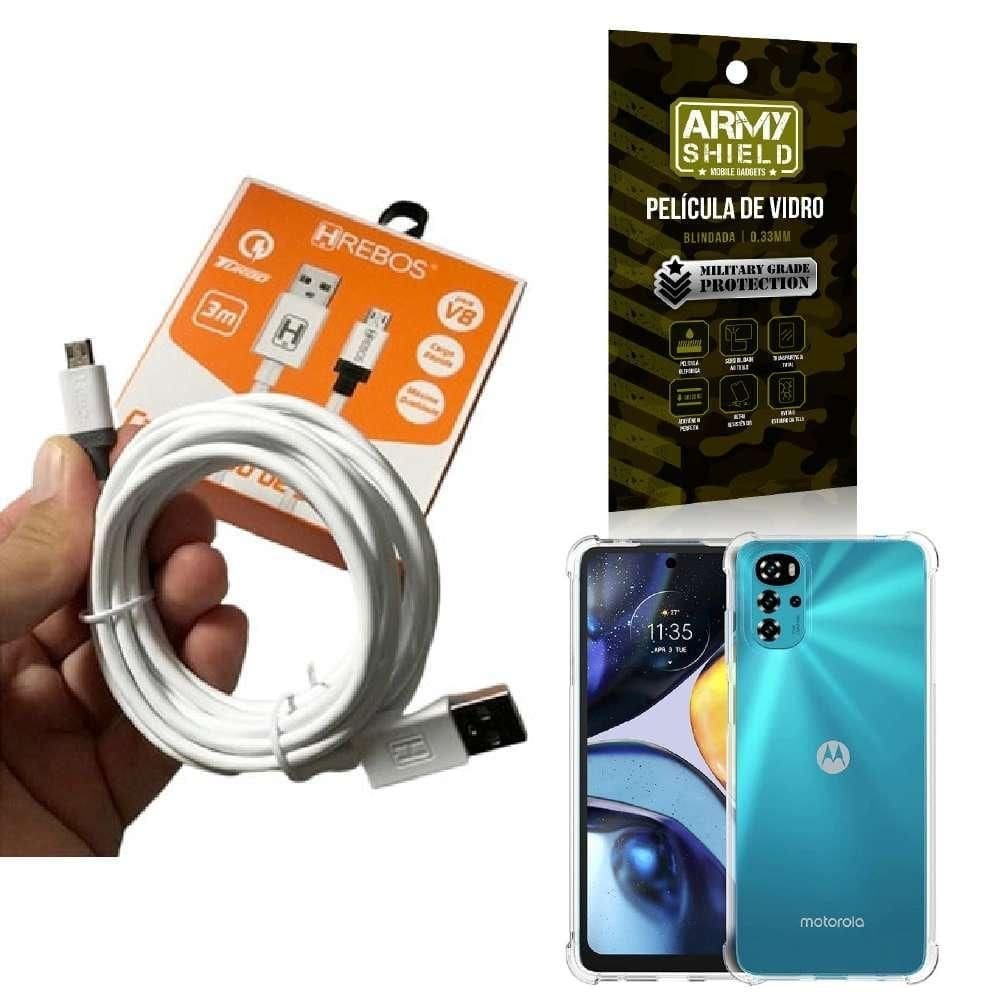 Kit capinha motorola g22 com cabo turbo e película de vidro