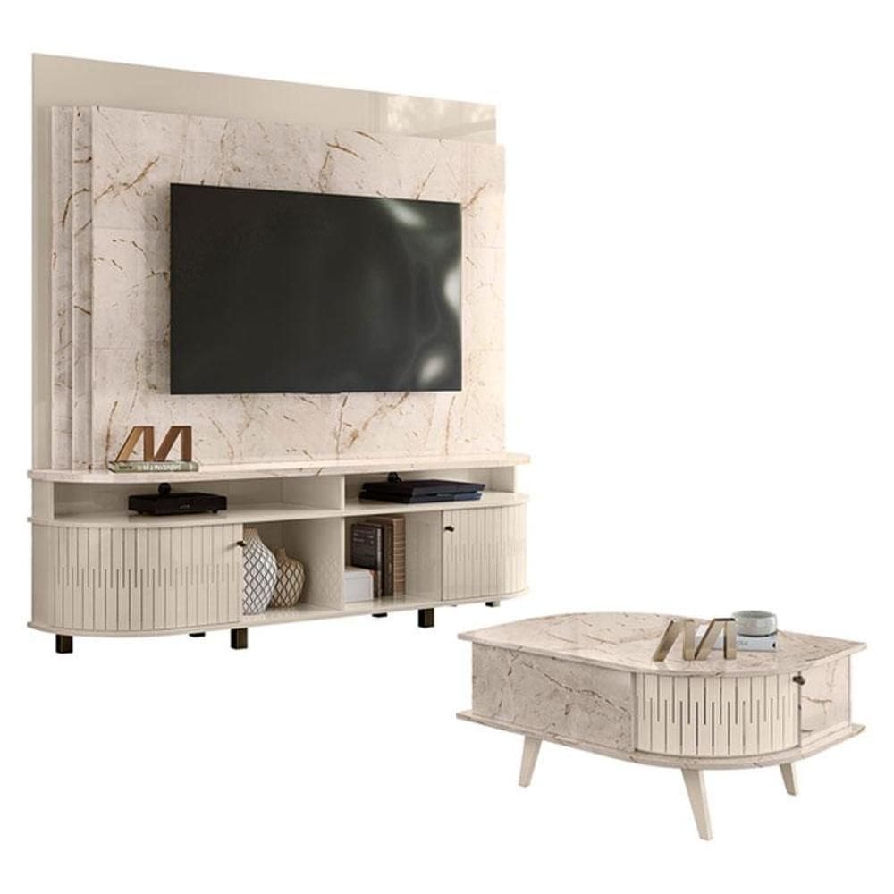 Estante Home Theater Daytona com Mesa de Centro Indianápolis Calacata Off White – Madetec