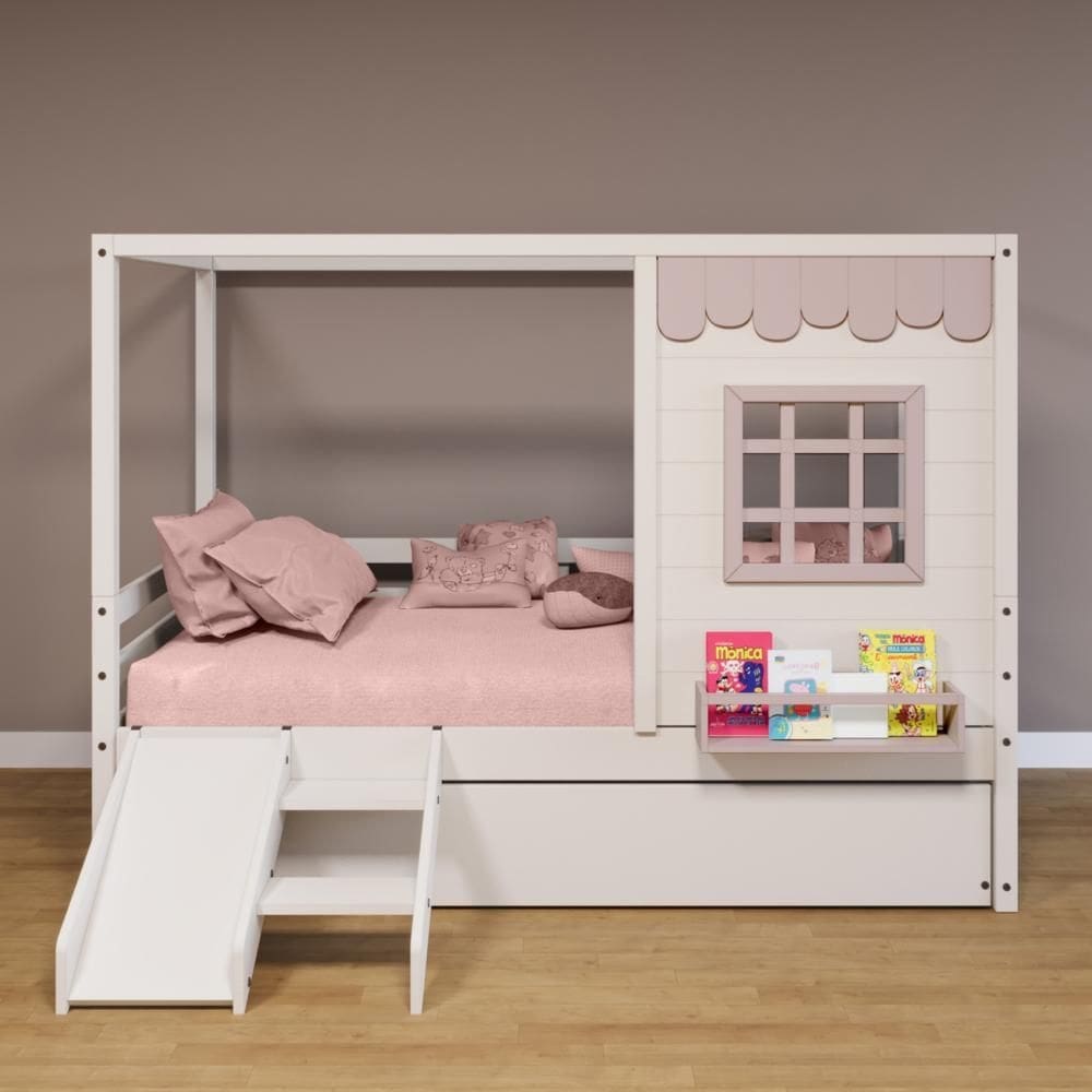 Bicama Casinha Reta com Escorregador Madeira Maciça Branco/ Rosa Housin