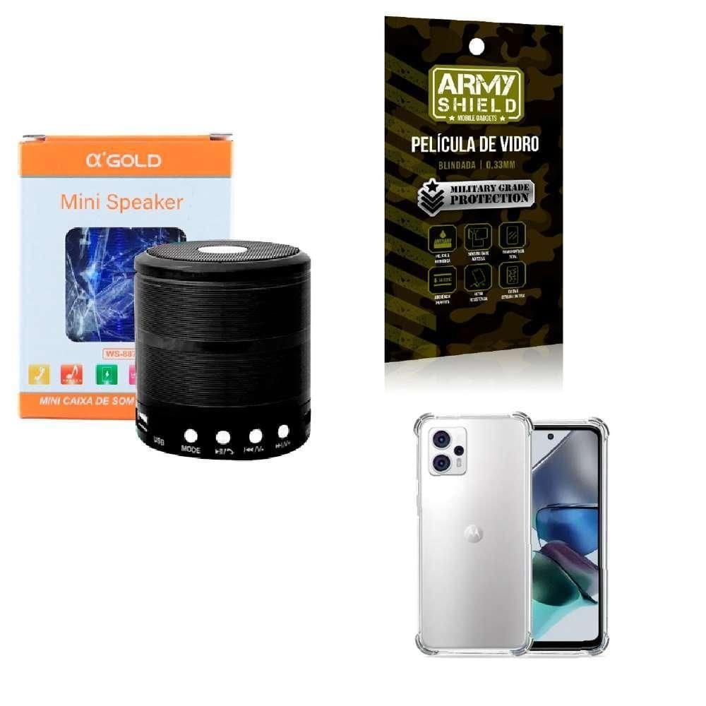 Kit caixa de som + capinha motorola g23 + película 3d