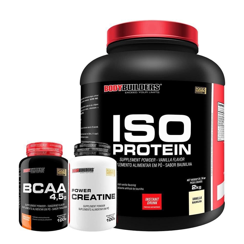 Kit iso protein 2kg baunilha + creatina + bcaa -bodybuilders