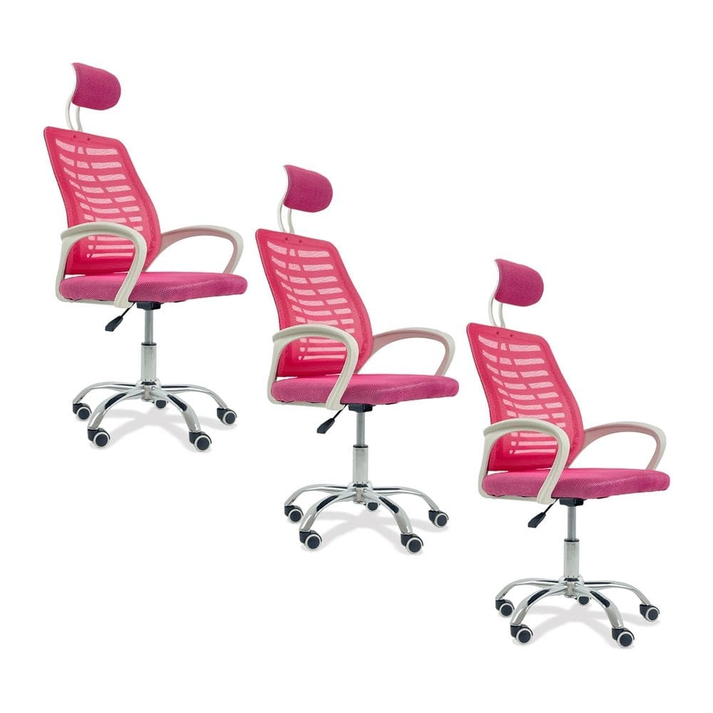 Kit 3 Cadeiras Escritório Diretor Tela Mesh Com Encosto De Cabeça Rosa