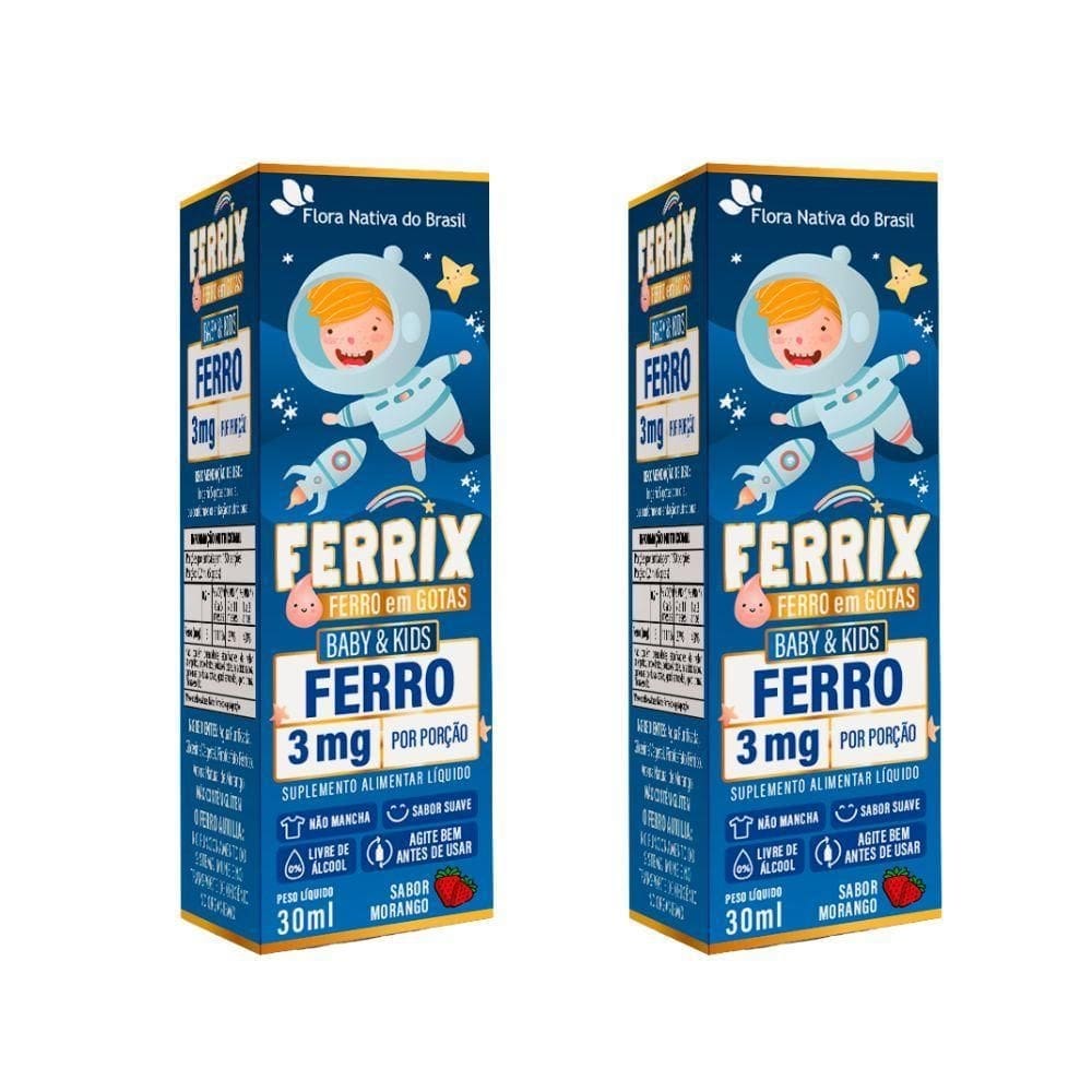 Kit 2x ferrix ferro infantil 30ml flora nativa sabor:morango