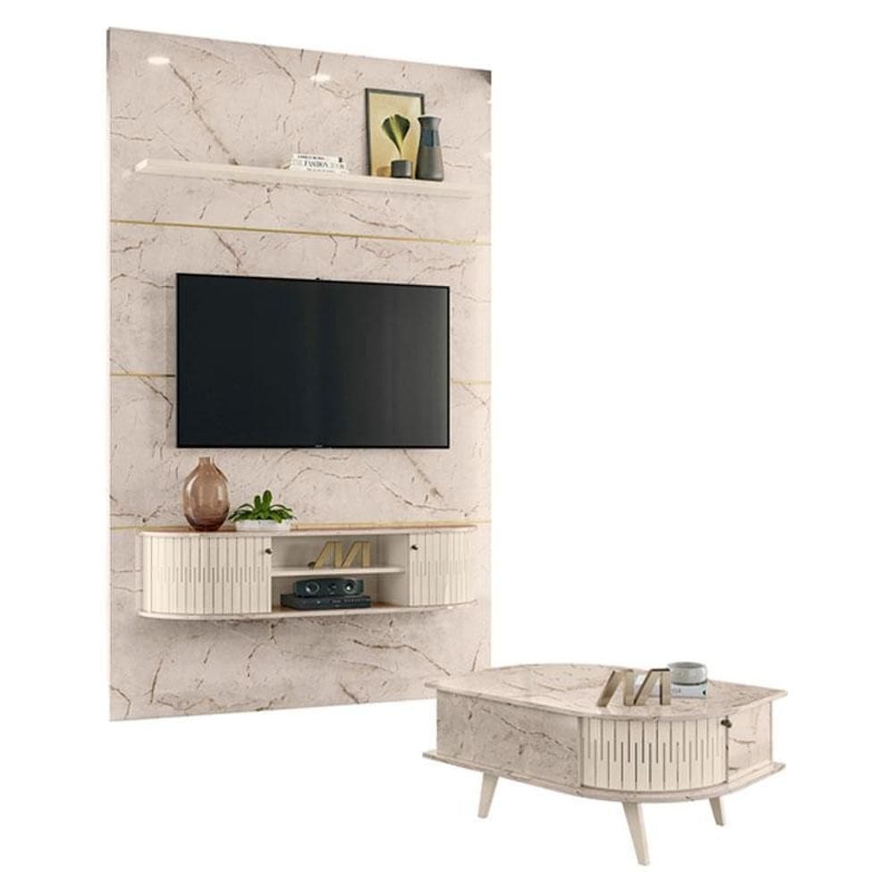 Estante Home Theater com Bancada Suspensa Monte Carlo com Mesa de Centro Indianápolis Calacata Off White – Madetec