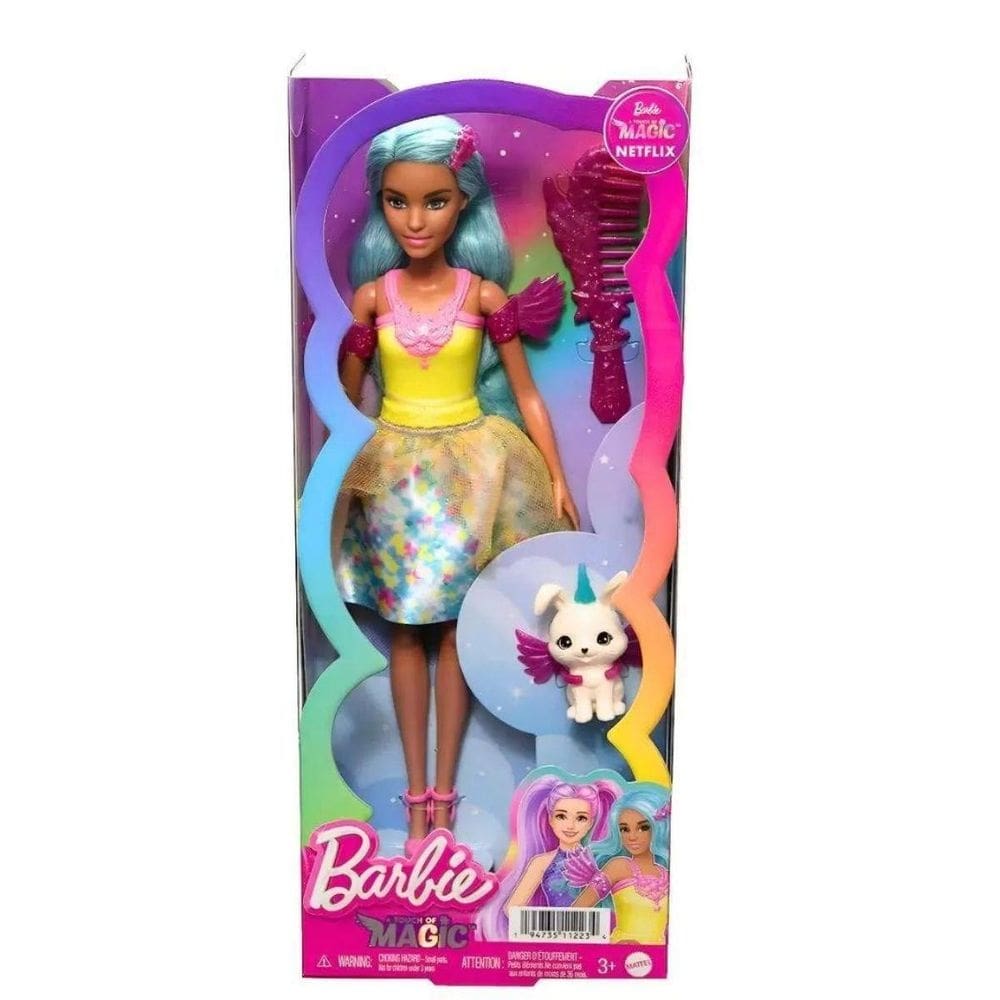 Boneca barbie a touch of magic - teresa com cabelo azul