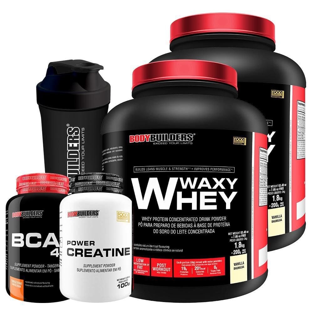 Waxy whey 2kg baunilha + bcaa 100g + creatine 100g + shaker