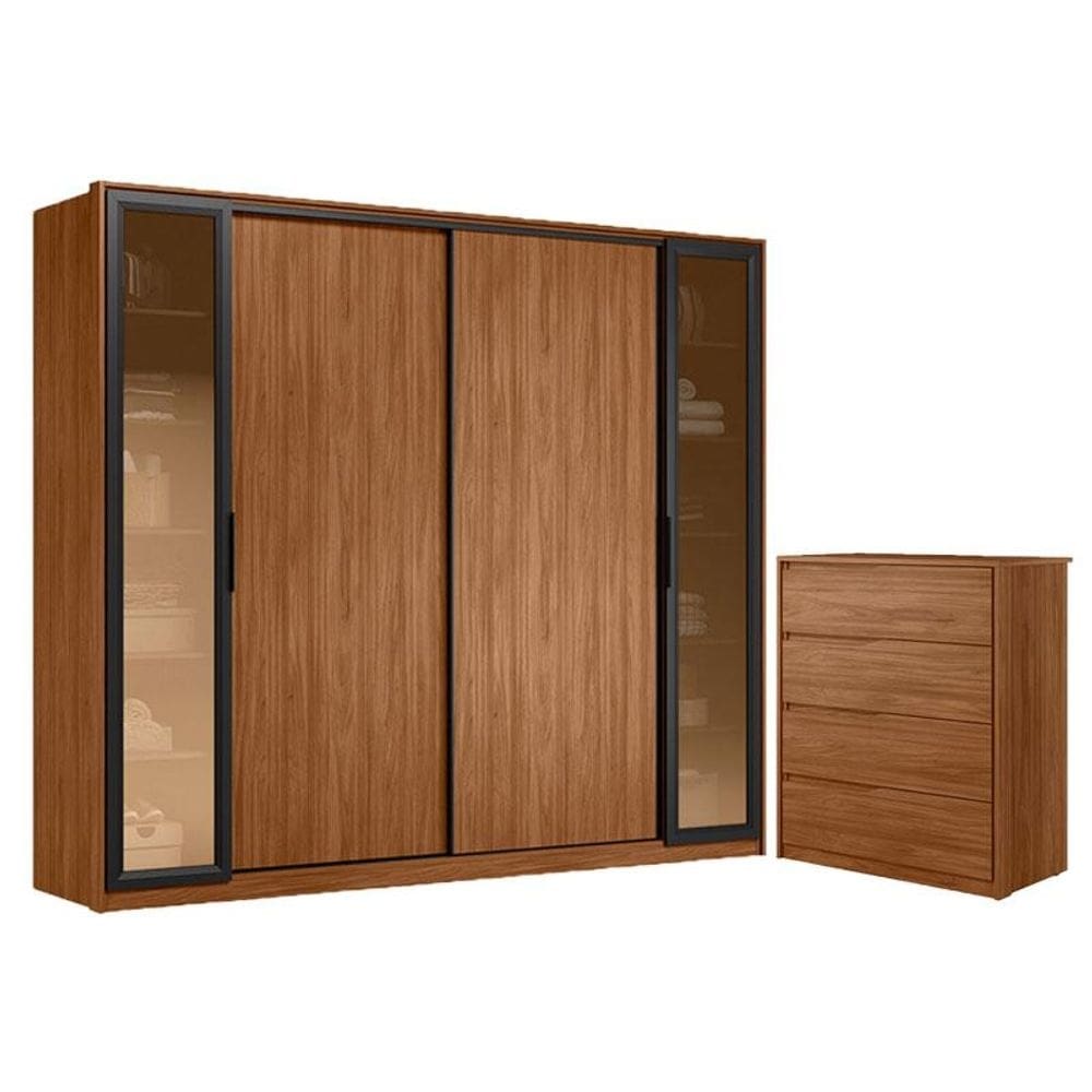 Cômoda Atria 4 Gavetas e Guarda Roupa Casal Laredo Nogueira Touch com Vidro Reflecta Demóbile – Demartêz
