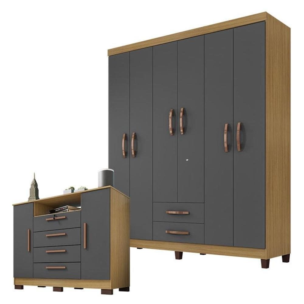 Guarda Roupa Casal Módena com Cômoda Madri Carvalho Americano Grafite – Incorplac