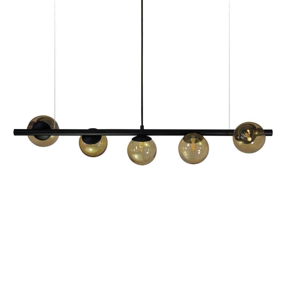 Lustre Pendente Figo Preto - 5 Globos Esfera De Vidro âmbar
