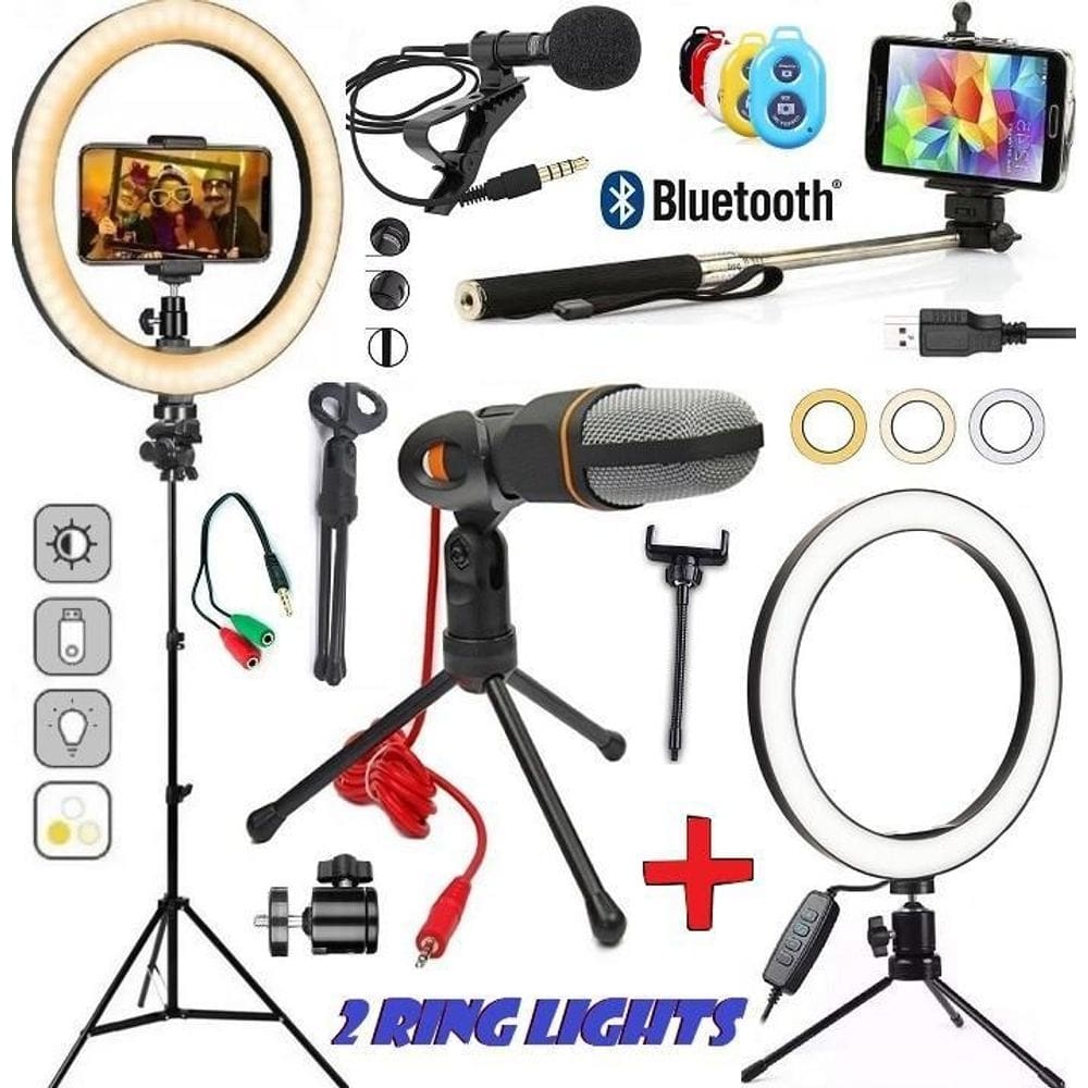 Kit gravação vídeo tripé 2m profissional luz led ring light
