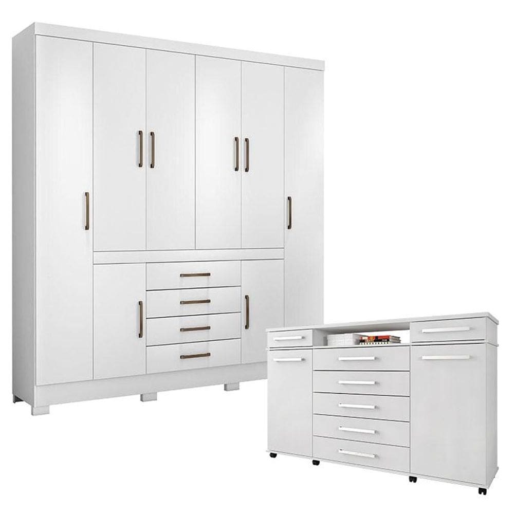 Cômoda London e Guarda Roupa Casal New Realce Branco - Demóbile