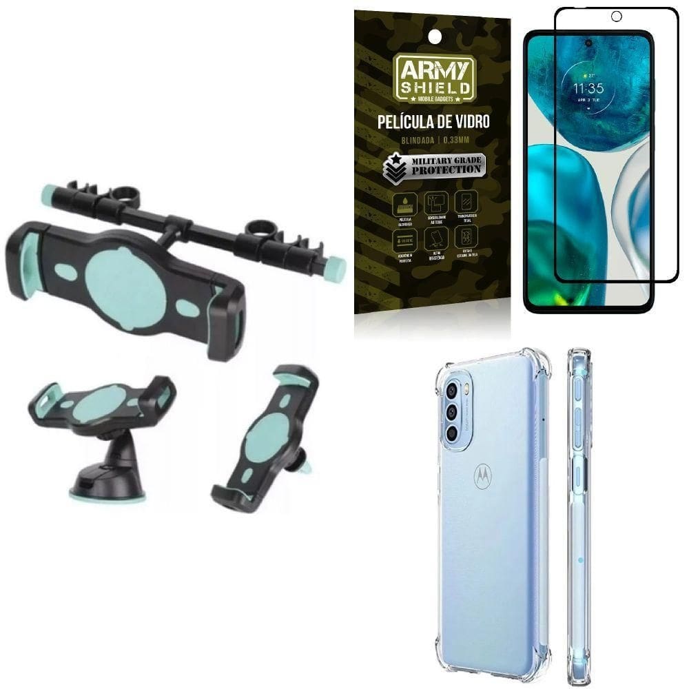 Kit capa moto g52 + suporte veicular 3 em 1 + película 3d