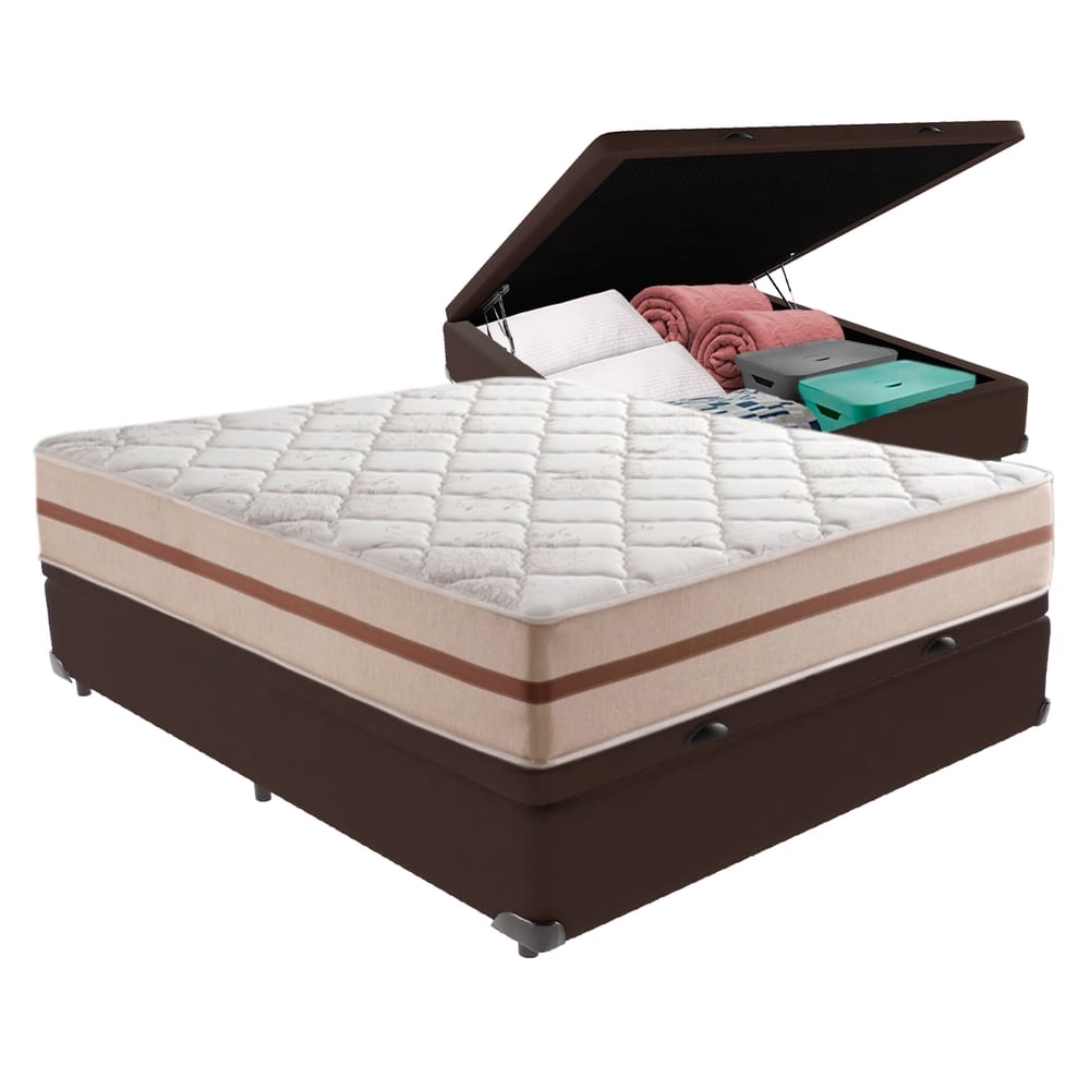 Cama Box com Baú Marrom e Colchão Casal Classic Anjos