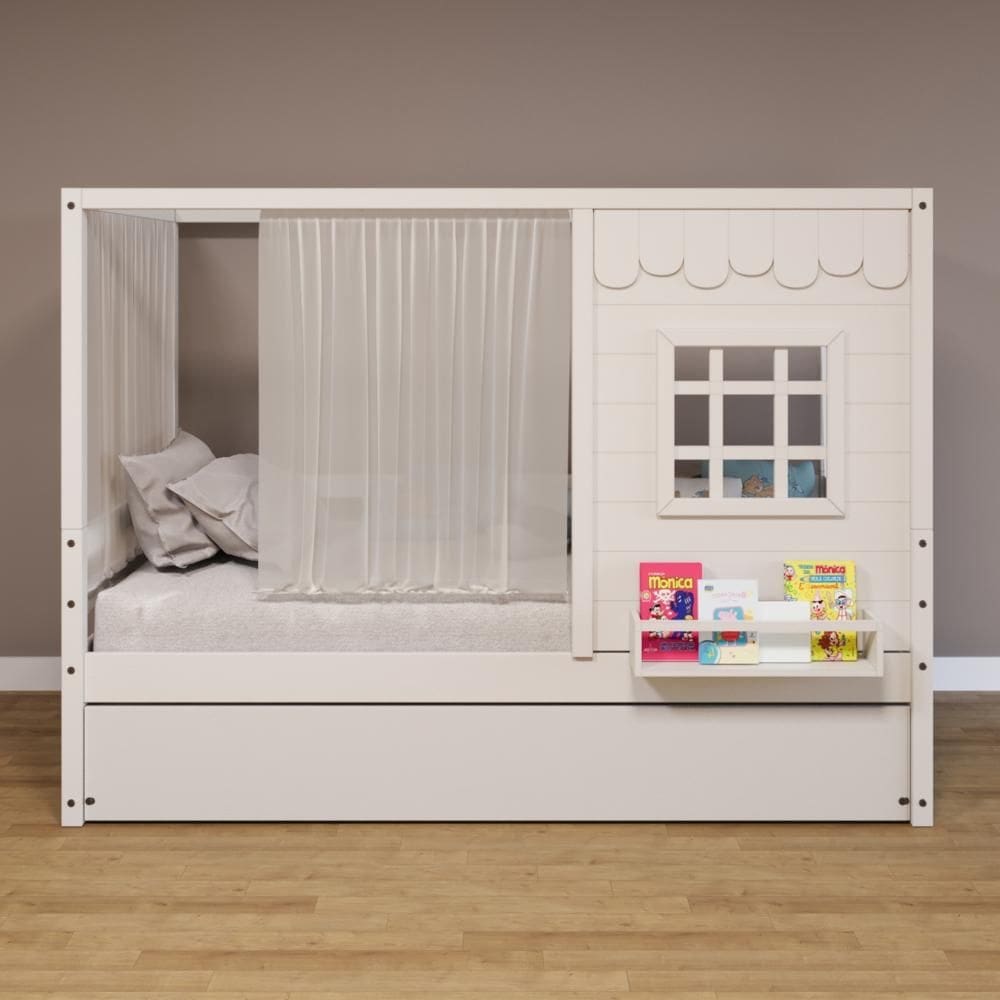 Bicama Casinha Reta com Cortina Madeira Maciça Branco Housin