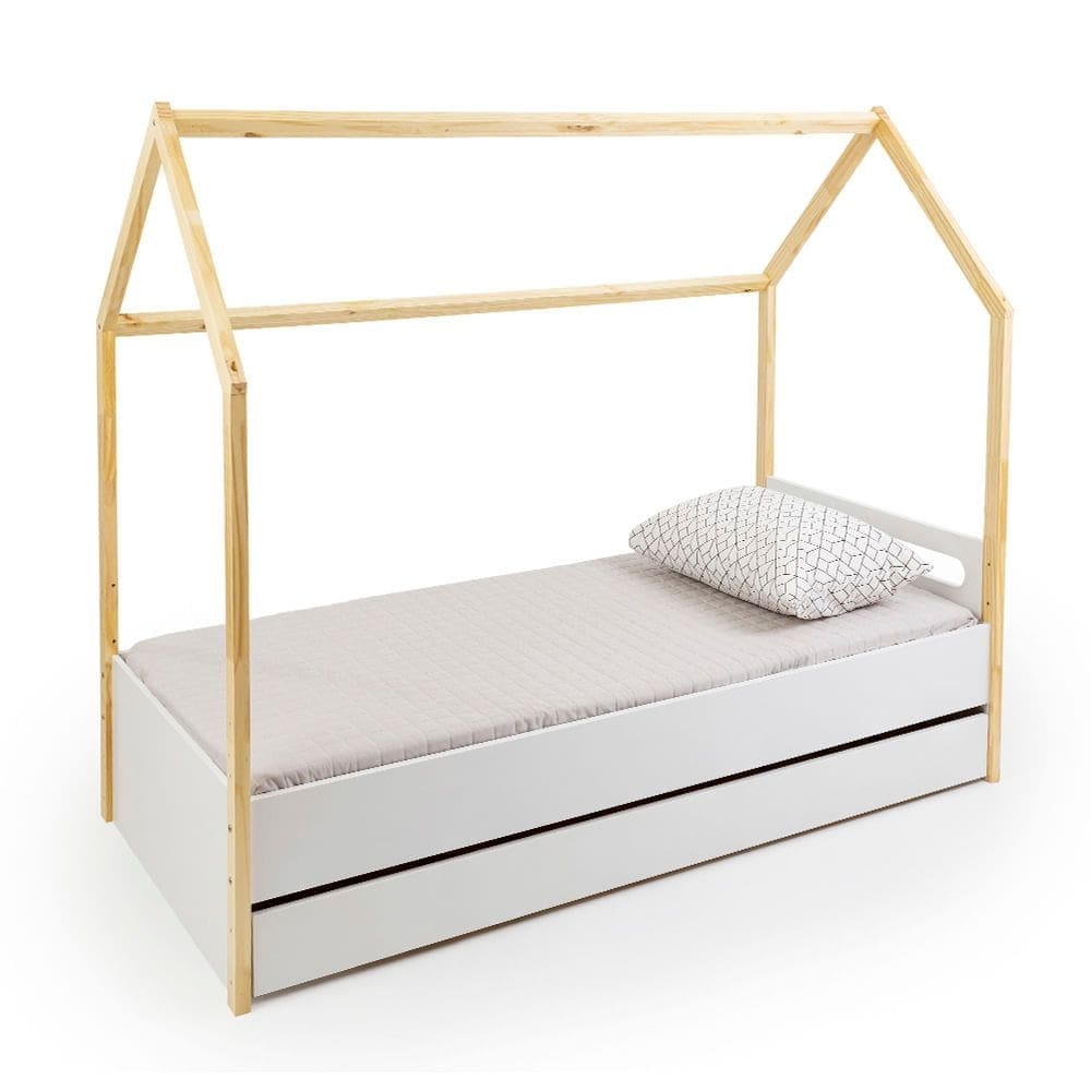 Cama Montessoriana Tivoli com Casinha e Grades de proteção - Branco e Nature