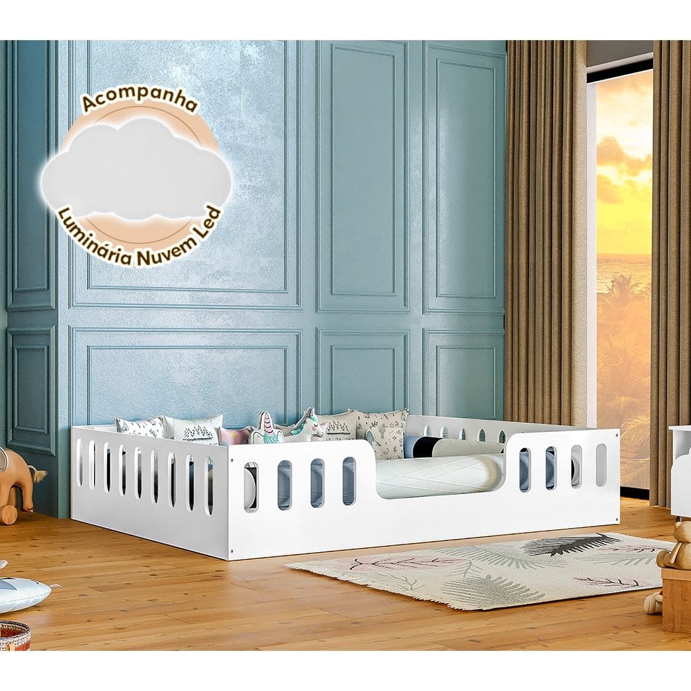 Cama Casal Infantil Branca Helo com Cercado Acompanha Luminária Led