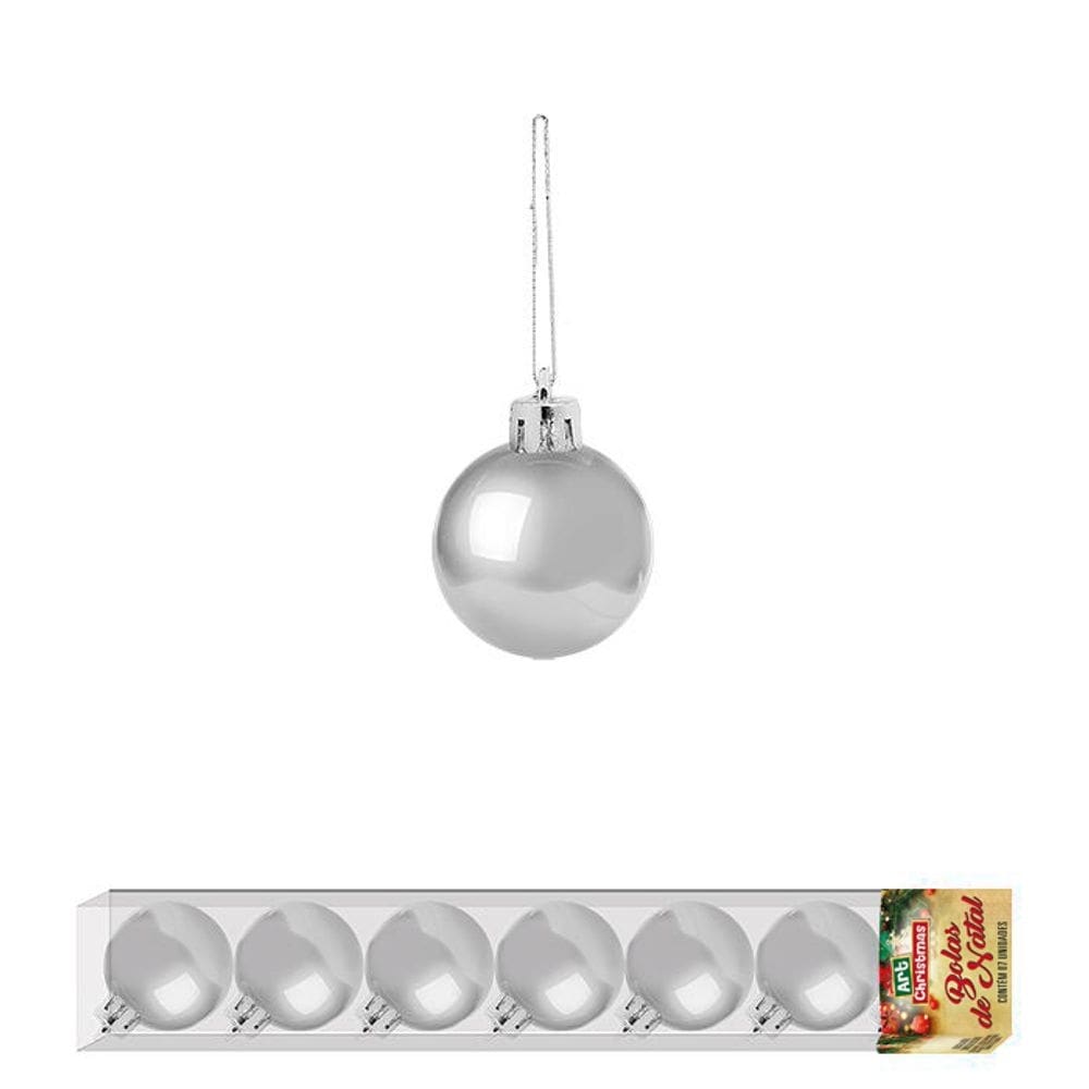 Enfeite de natal bola prateada lisa 7 unidades