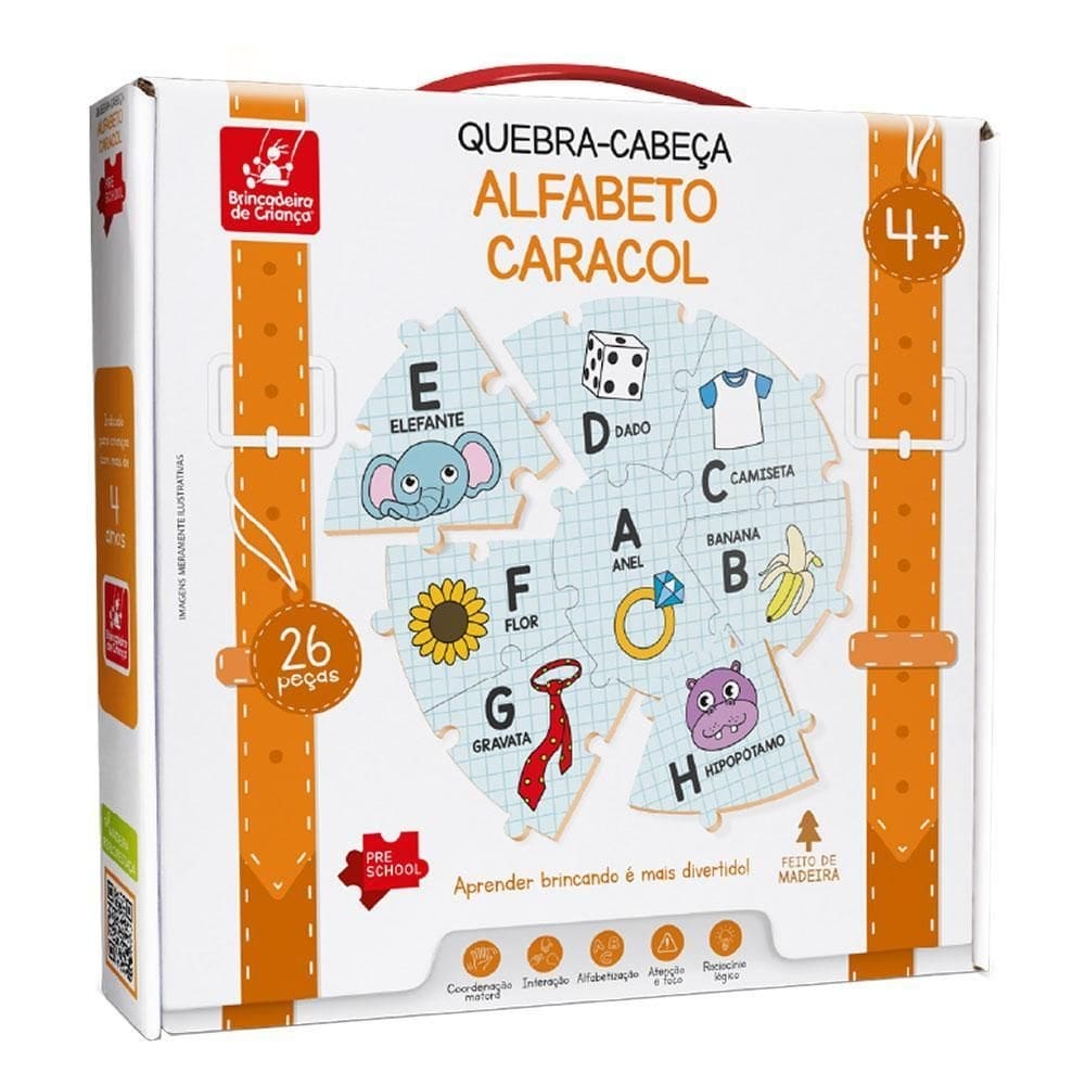 Quebra-cabeça alfabeto caracol brinquedo infantil educativo