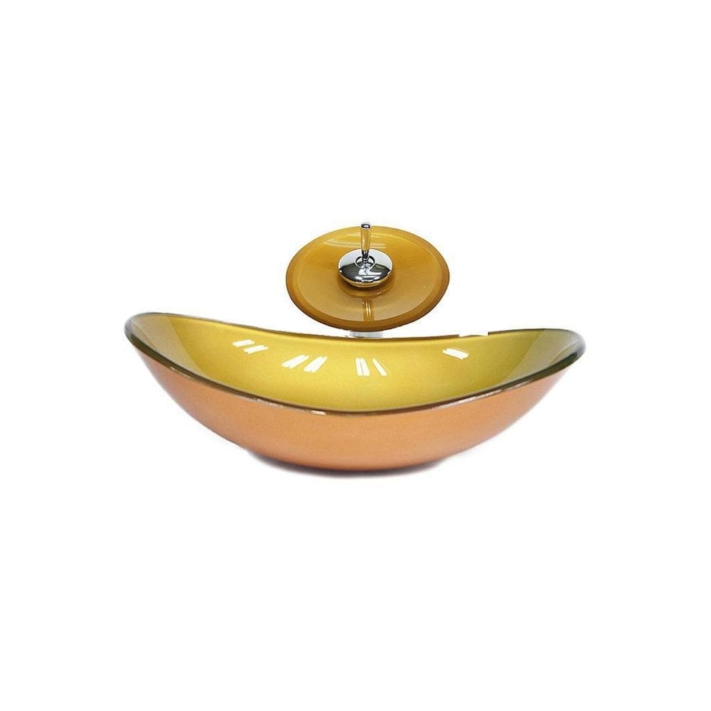 Cuba de vidro oval 55cm dourado real + válvula + torneira