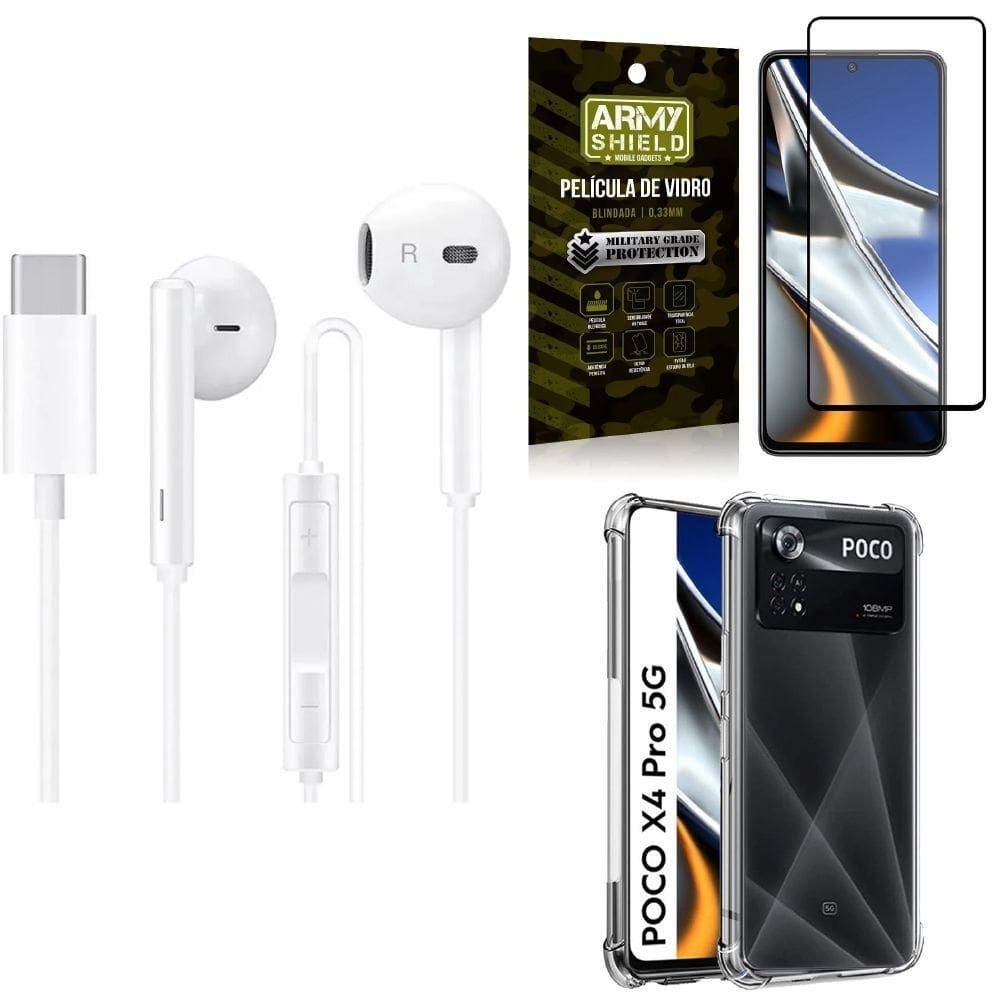 Capa poco x4 pro 5g + fone tipo c + película 3d