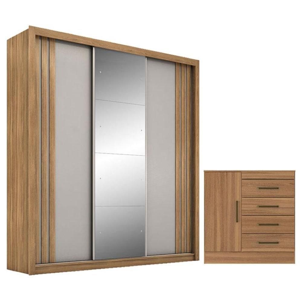 Cômoda Montevideu e Guarda Roupa Casal Moema Amêndola Nude Flex com Espelho – Demóbile