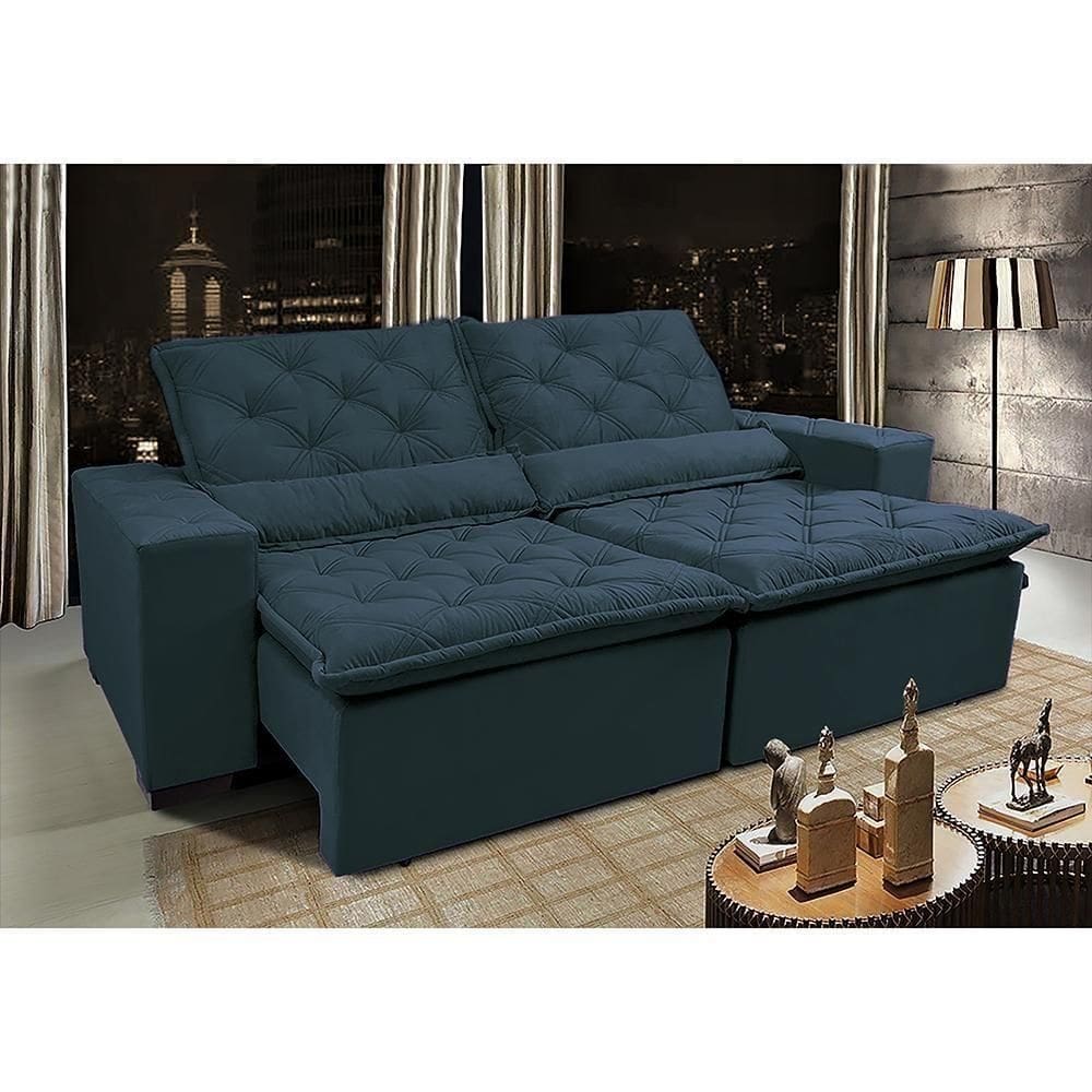 Sofá Lisboa 2,12m Retrátil, Reclinável Com Molas No Assento Tecido Suede Velusoft Azul - Cama Inbox