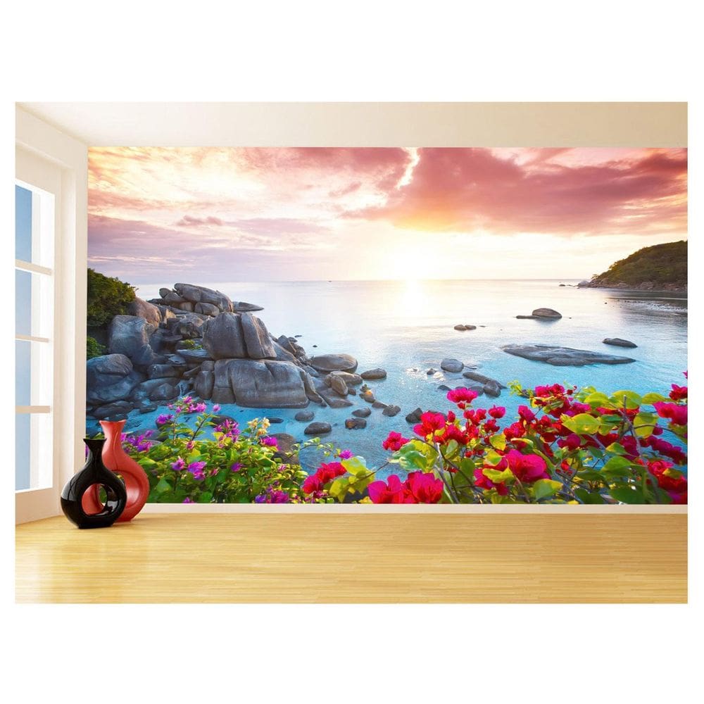 Papel De Parede Praia Mar Montanha Flores Céu 3,5M Npr274