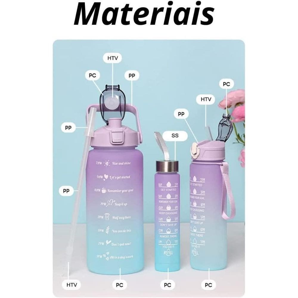 Kit 3 Garrafas 2 Litros 900Ml 500Ml Garrafas Água  Rosa