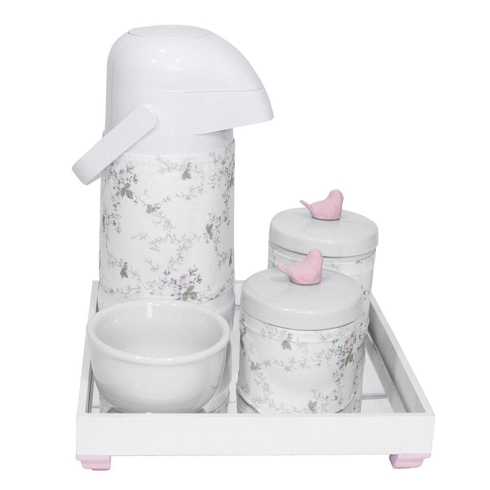 Kit higiene espelho potes garrafa capa passarinho rosa