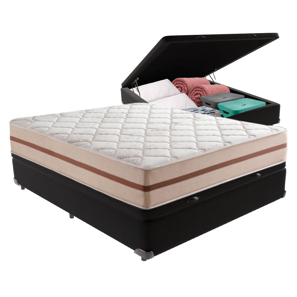 Cama Box com Baú Preto e Colchão Casal Classic Anjos