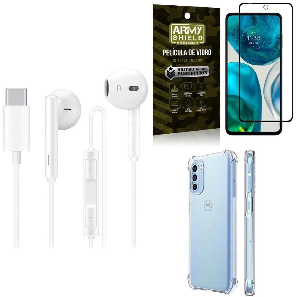 Kit capinha moto g52 + fone de ouvido tipo c + película