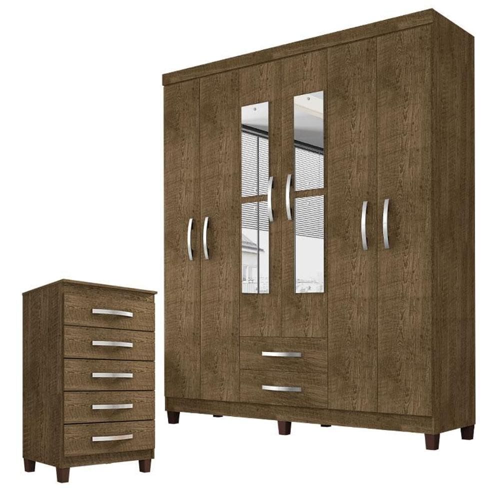 Guarda Roupa Casal Modena com Espelho 6 Portas e Cômoda Cannes 5 Gavetas Malbec – Incorplac