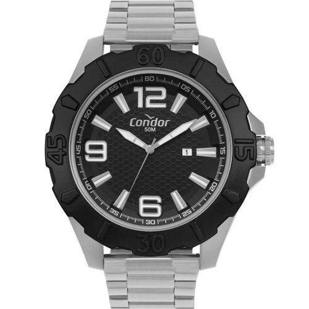Relógio condor masculino - copc32ex/7k preto pulseira prata