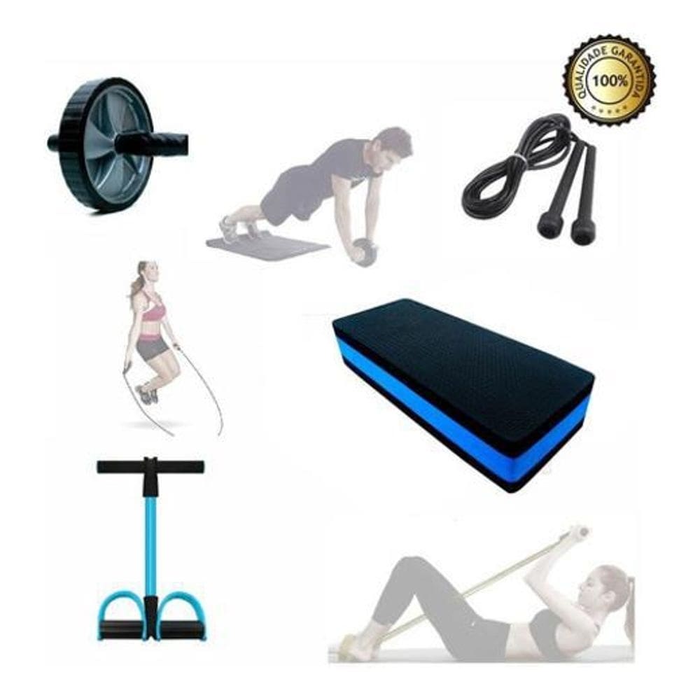 Kit funcional em casa step + roda + corda + extensor