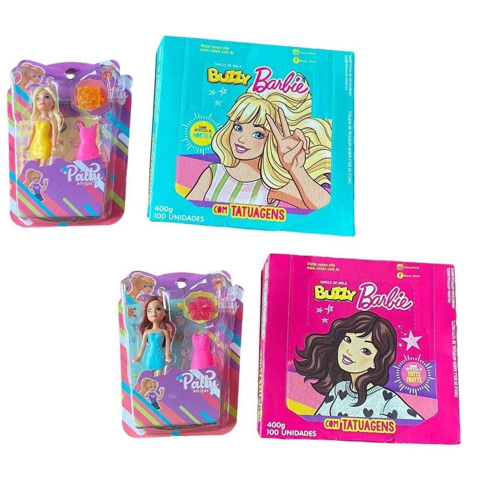 Kit 2 caixas chiclete barbie com 100 un + 2 bonecas patty